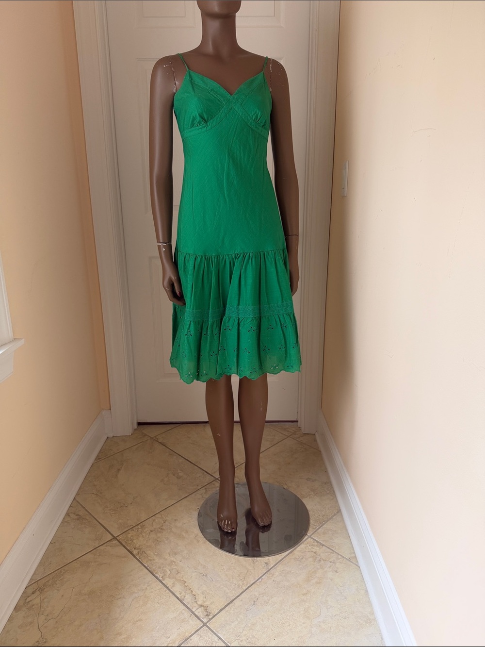 GAP Green V-Neck Spaghetti Strap Tiered Midi Dress